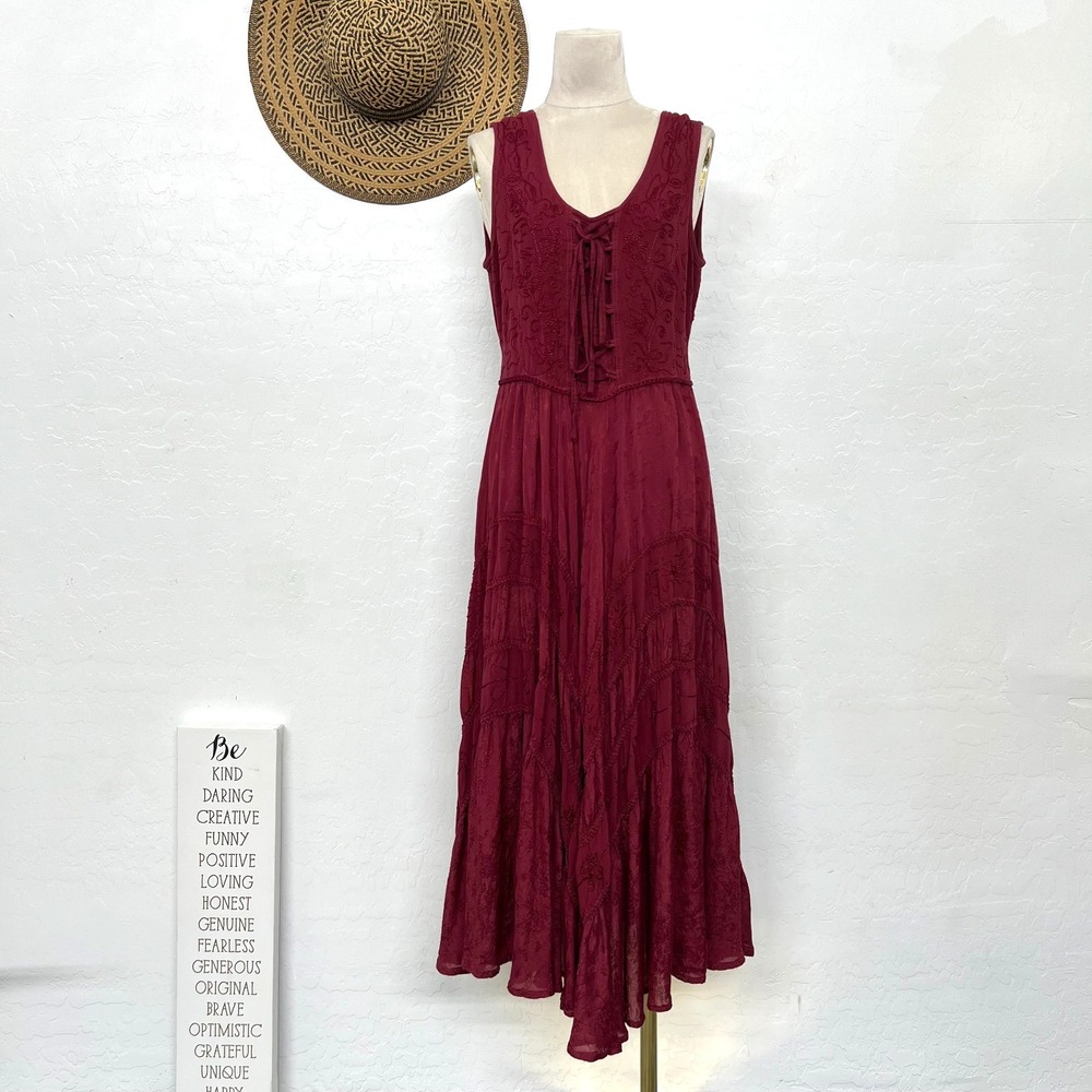 Scully Lace Front burgundy Dress sz M - jacquard tie waist renfaire western boho